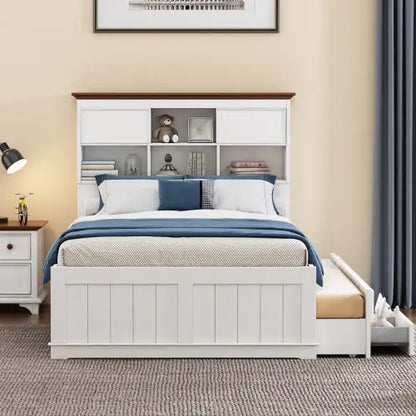 Pine Captain Bookcase Full Bed with Trundle and Drawers, White Walnut