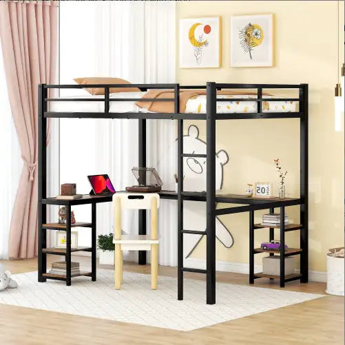 Metal Loft Bed with Desk and Storage