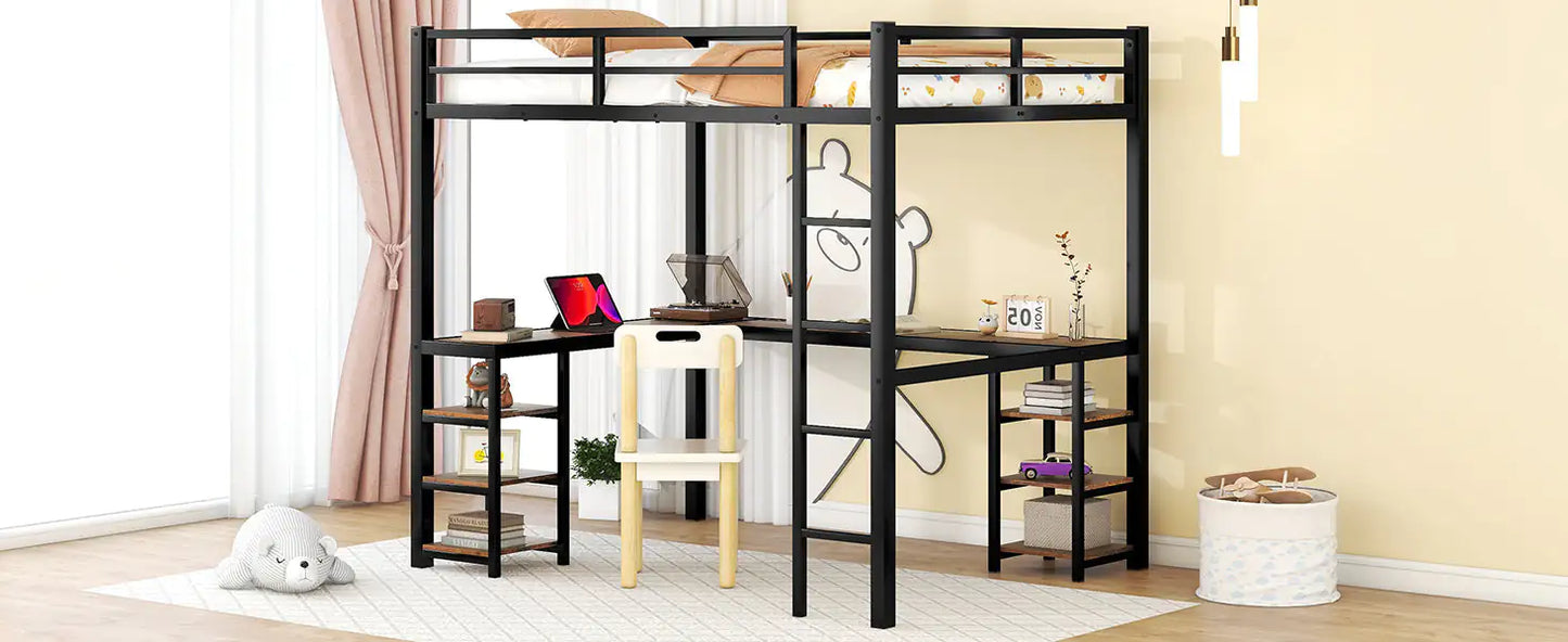 Metal Loft Bed with Desk and Storage