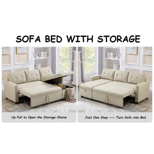 Beige Convertible Sleeper Sofa with Storage Chaise