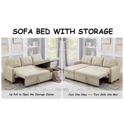 Beige Convertible Sleeper Sofa with Storage Chaise