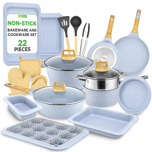 Nutrichef 22-Piece Marble Cook Set | Non-Stick Pots, Pans & Bakeware Home decor