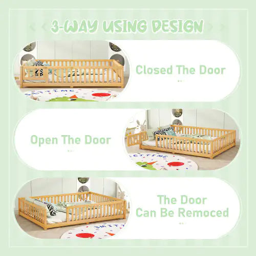 Kids' Queen Floor Bed with Safety Rails and Door, Natural