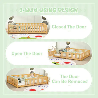Kids' Queen Floor Bed with Safety Rails and Door, Natural