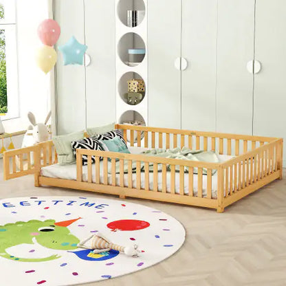 Kids' Queen Floor Bed with Safety Rails and Door, Natural