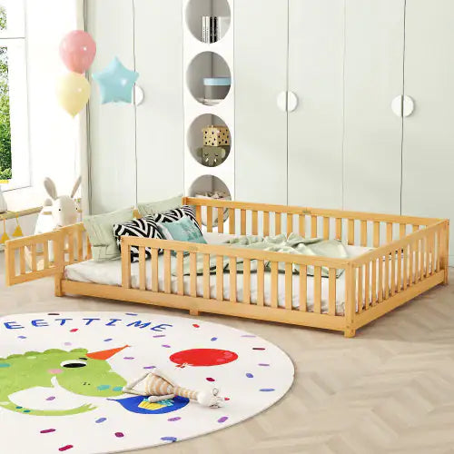 Kids' Queen Floor Bed with Safety Rails and Door, Natural
