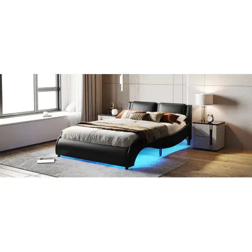 Black Queen LED Platform Bed with Faux Leather
