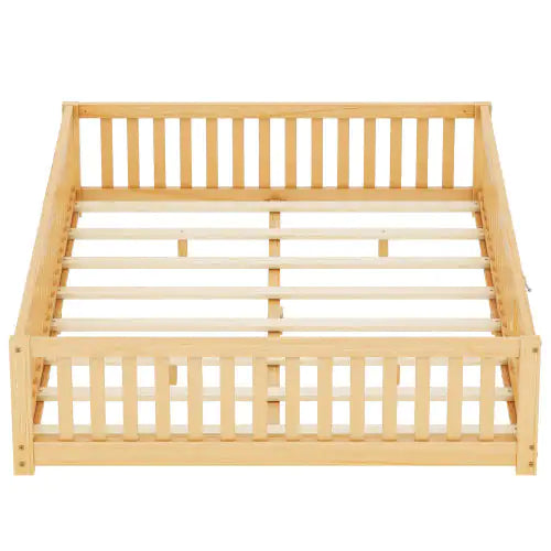 Kids' Queen Floor Bed with Safety Rails and Door, Natural