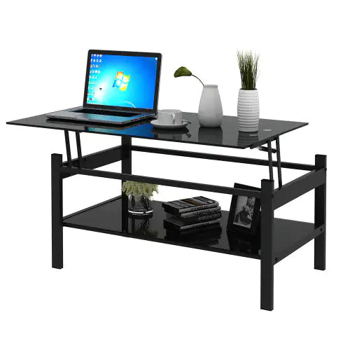 Elevate Black Glass Coffee Table with Dual Shelves Home decor