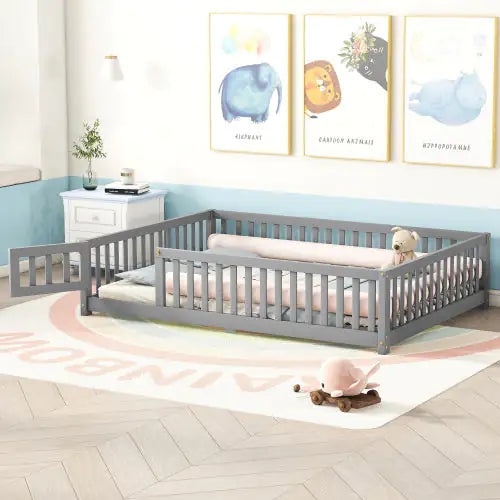 Gray Full-Sized Floor Bed with Safety Rails & Door for Kids