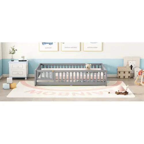 Gray Full-Sized Floor Bed with Safety Rails & Door for Kids