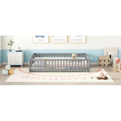 Gray Full-Sized Floor Bed with Safety Rails & Door for Kids